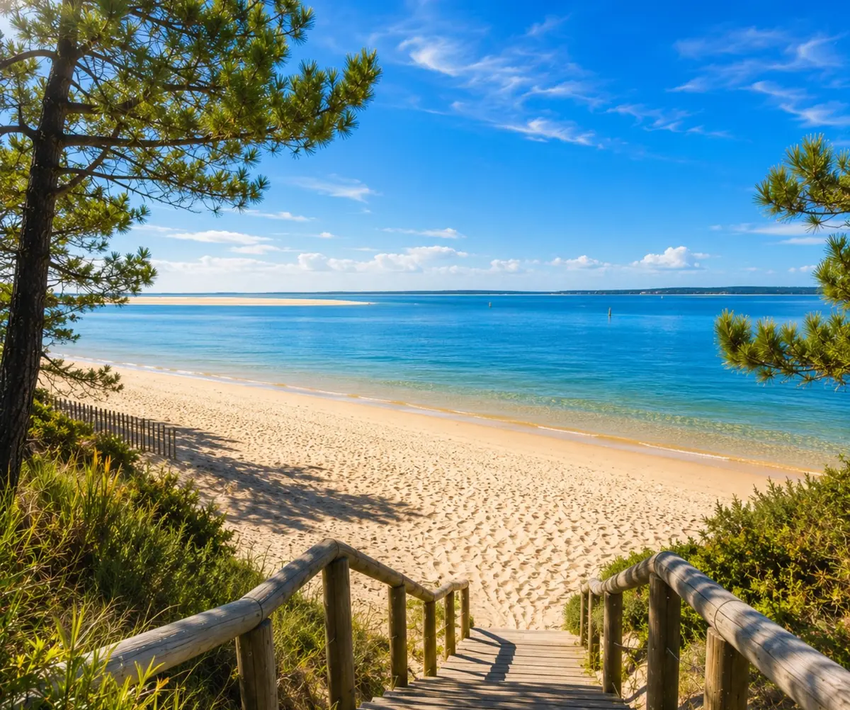 Accès en bois vers une plage du Bassin d’Arcachon bordée de pins
